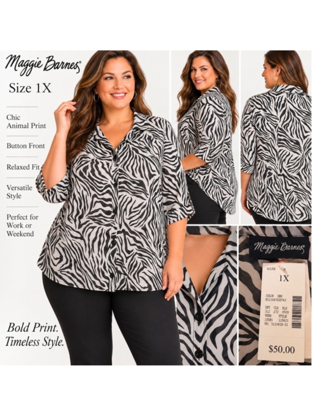 NWT Maggie Barnes Button Down Shirt 1X Black White Zebra Print